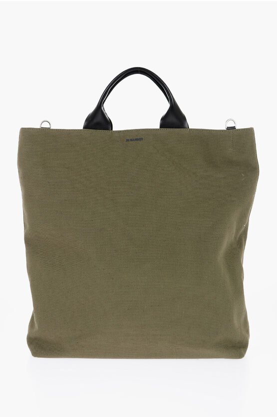 JIL SANDER CANVAS SHOPPER BAG WITH LEATHER HANDLES